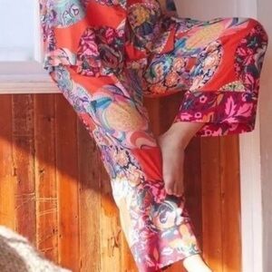 Anthropologie Vibrant Orange & Pink Paisley Satin Pajama Set